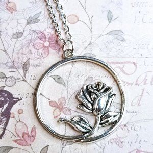 Open Rose Circle Silver Pendant Beauty & the Beast